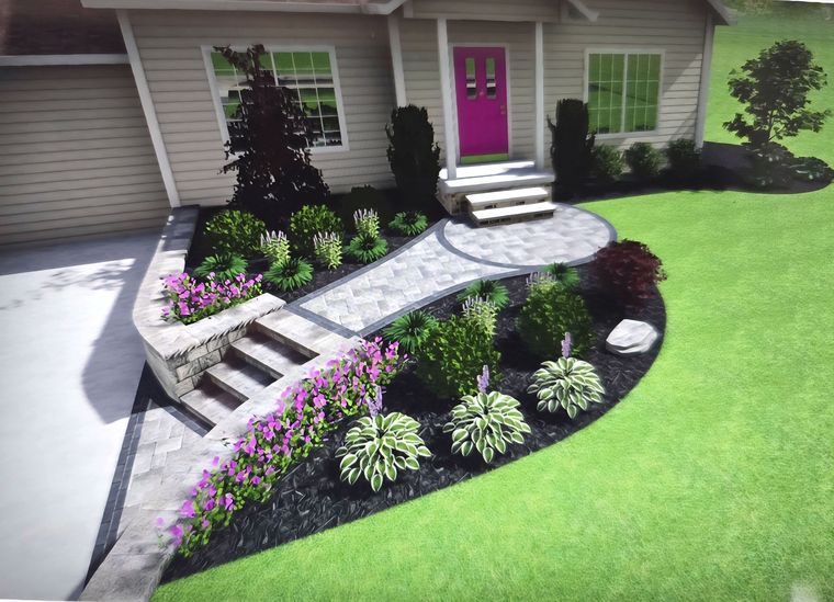 3D landscape design rendering of the same front entry